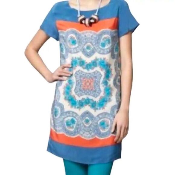 Anthropologie Meadow Rue Silk Tunic Dress in Blue and Red Boho pattern- Size M - Picture 2 of 7